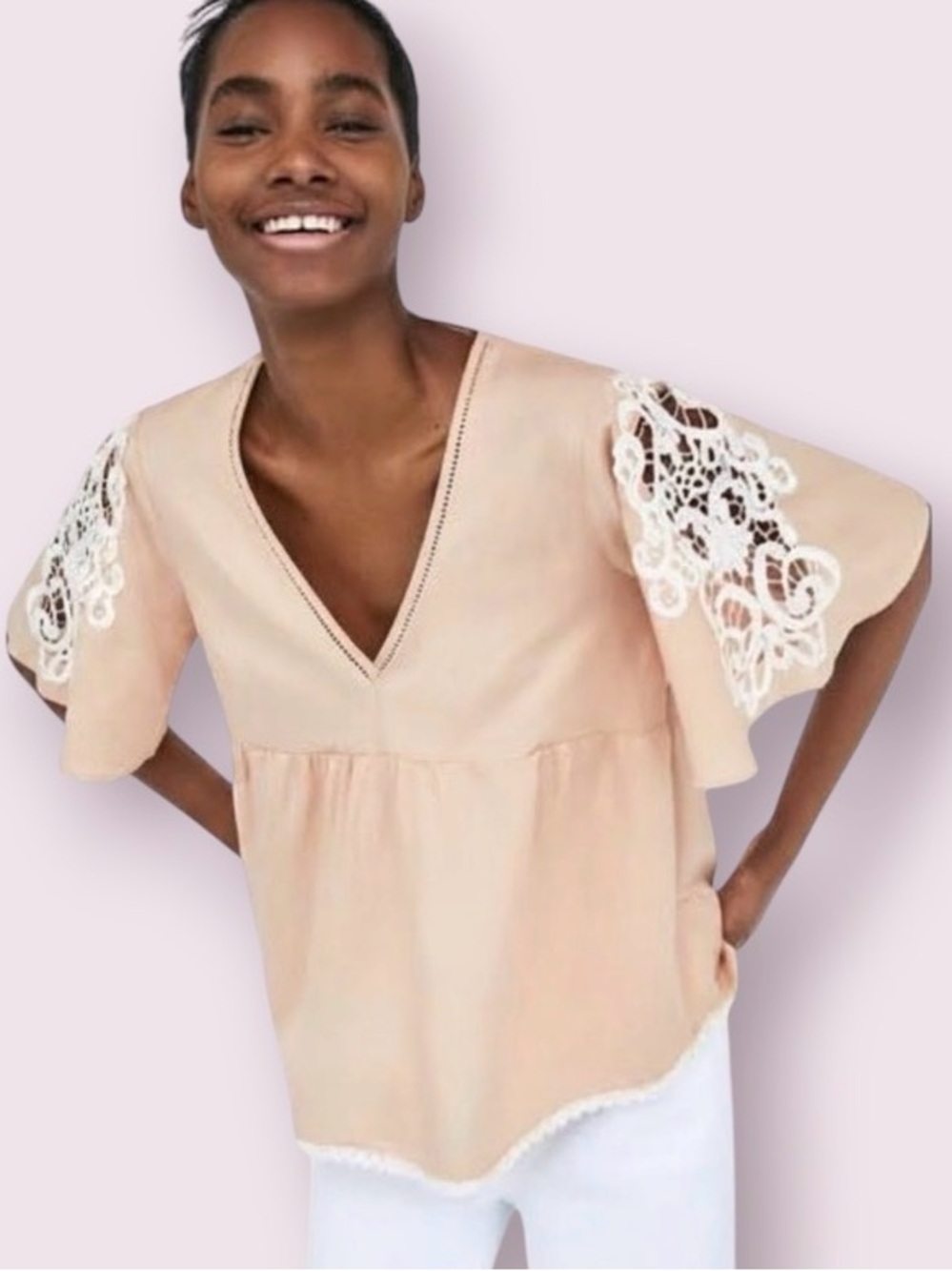 Zara Babydoll Peasant Top Short Flare Sleeve Crochet Detail Linen Blush Medium